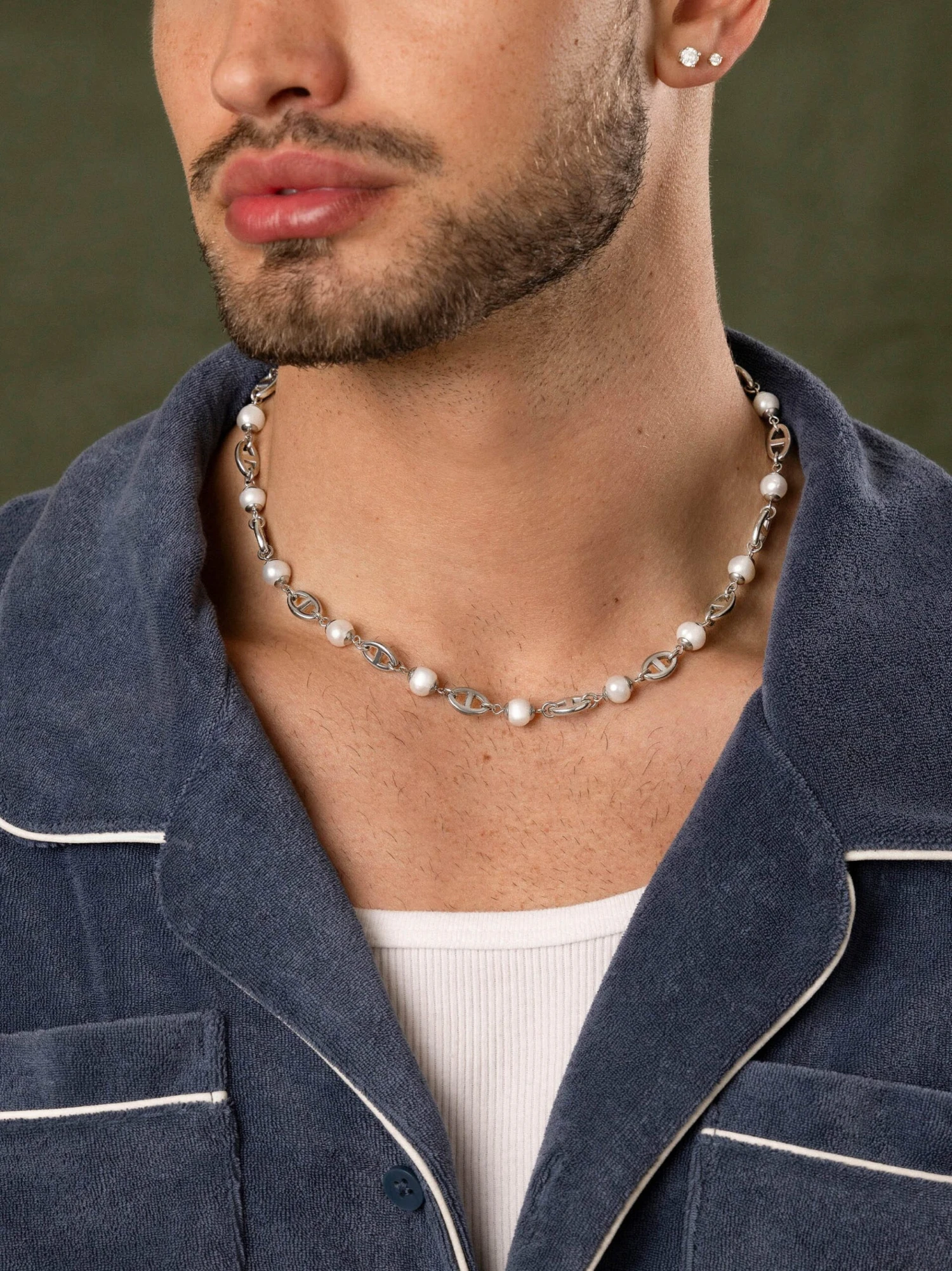 Nialaya Men's Silver Mariner Chain With Pearls 2 Nialaya Men's Silver Mariner Chain With Pearls - Image 2