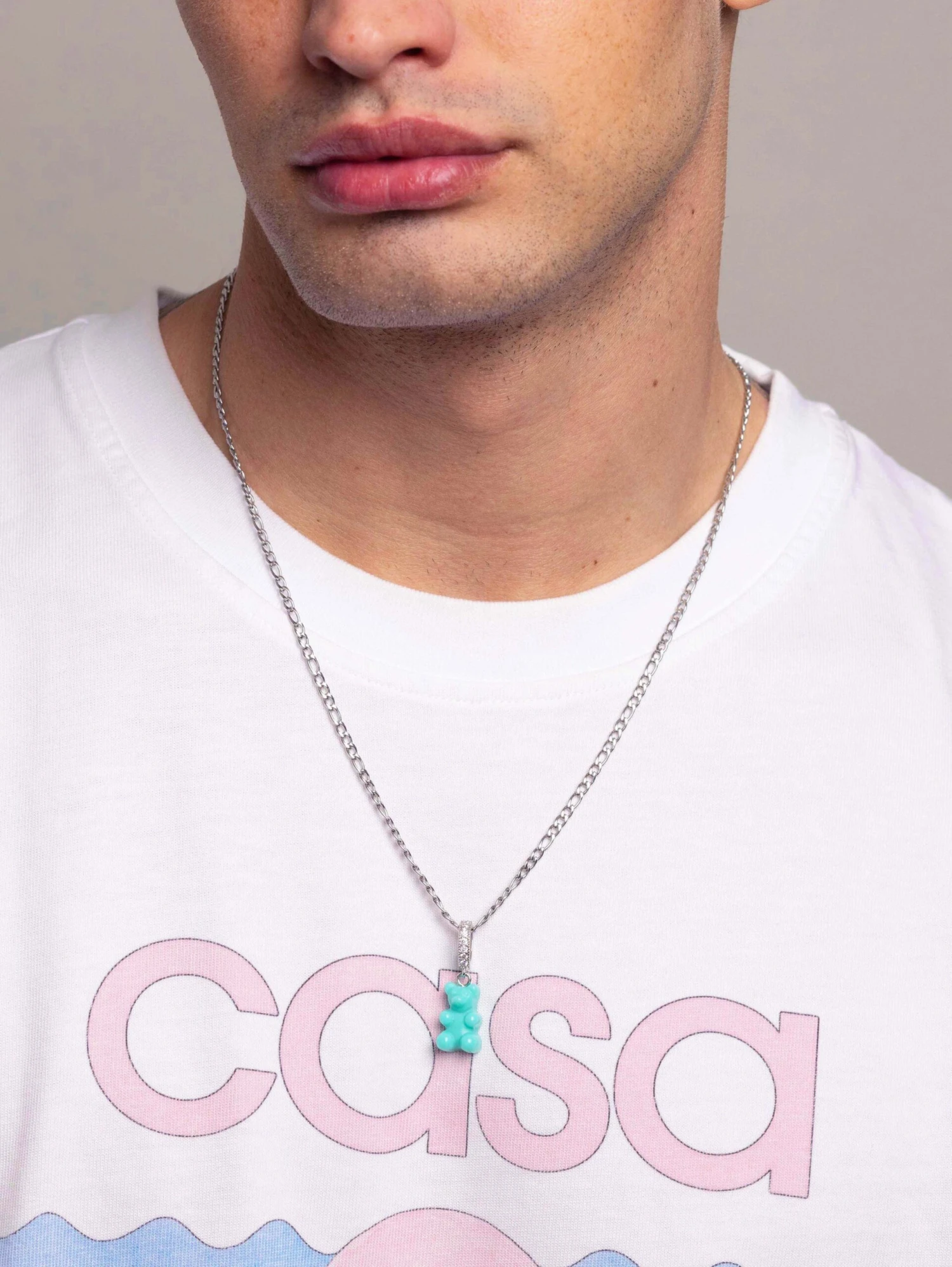 Nialaya Men's Silver Necklace With Turquoise Gummy Bear 2 Nialaya Men's Silver Necklace With Turquoise Gummy Bear - Image 2