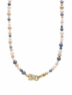 Nialaya Multi-Colored Pearl Necklace With Gold Plated Panther Head Lock
