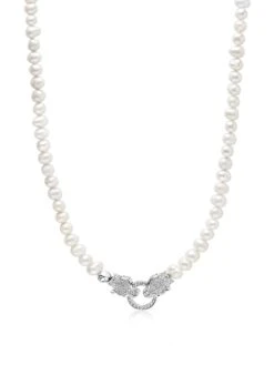 Nialaya Pearl Necklace With Double Panther Head In Silver