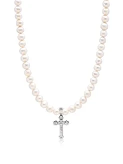Nialaya Pearl Necklace With Silver Cross