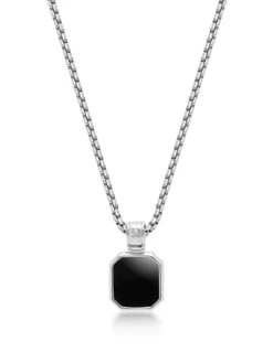 Nialaya Silver Necklace With Square Matte Onyx Pendant