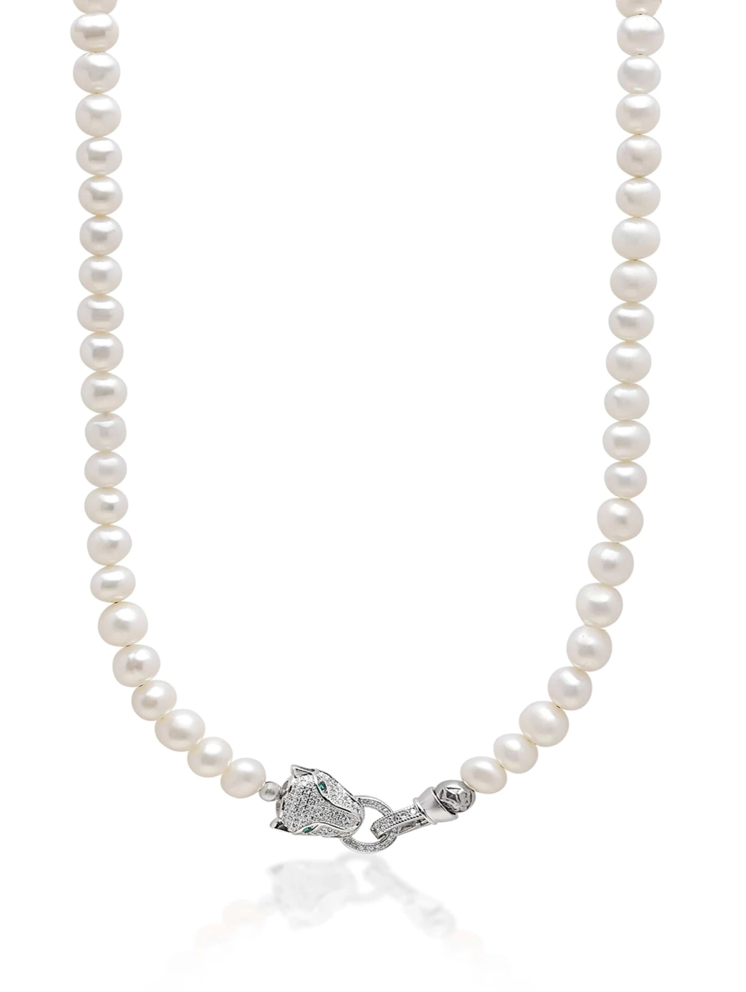 Nialaya White Pearl Necklace With Silver Panther Head Lock 1 Nialaya White Pearl Necklace With Silver Panther Head Lock