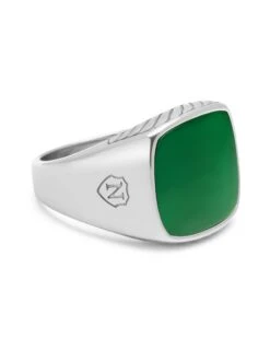 Nialaya Gentleman's Silver Signet Ring With Green Agate