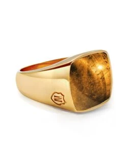 Nialaya Men's Gold Signet Ring With Brown Tiger Eye