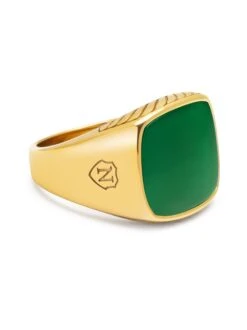Nialaya Gentleman's Gold Signet Ring With Green Agate