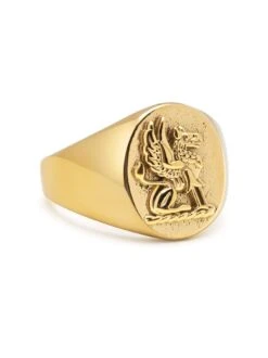 Nialaya Men's Stainless Steel Lion Crest Ring With Gold Plating