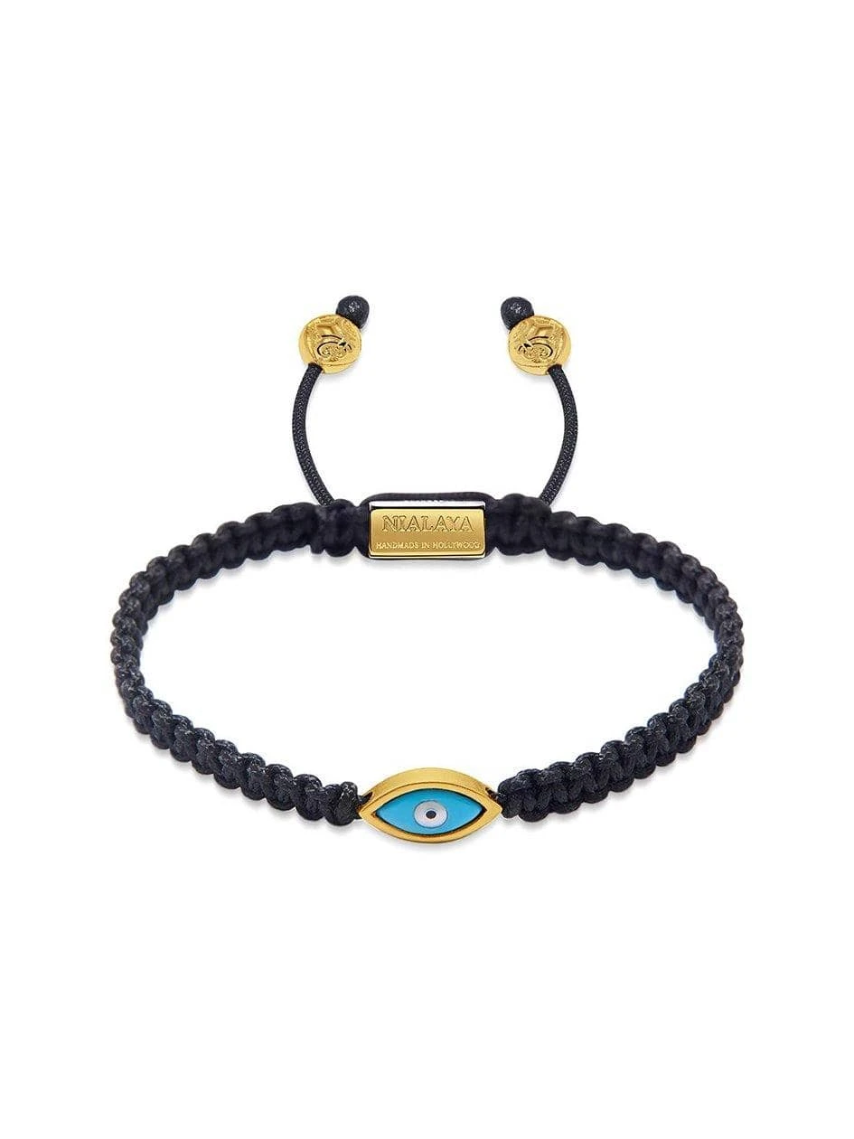 Nialaya Men's Black String Bracelet With Gold Evil Eye 1 Nialaya Men's Black String Bracelet With Gold Evil Eye