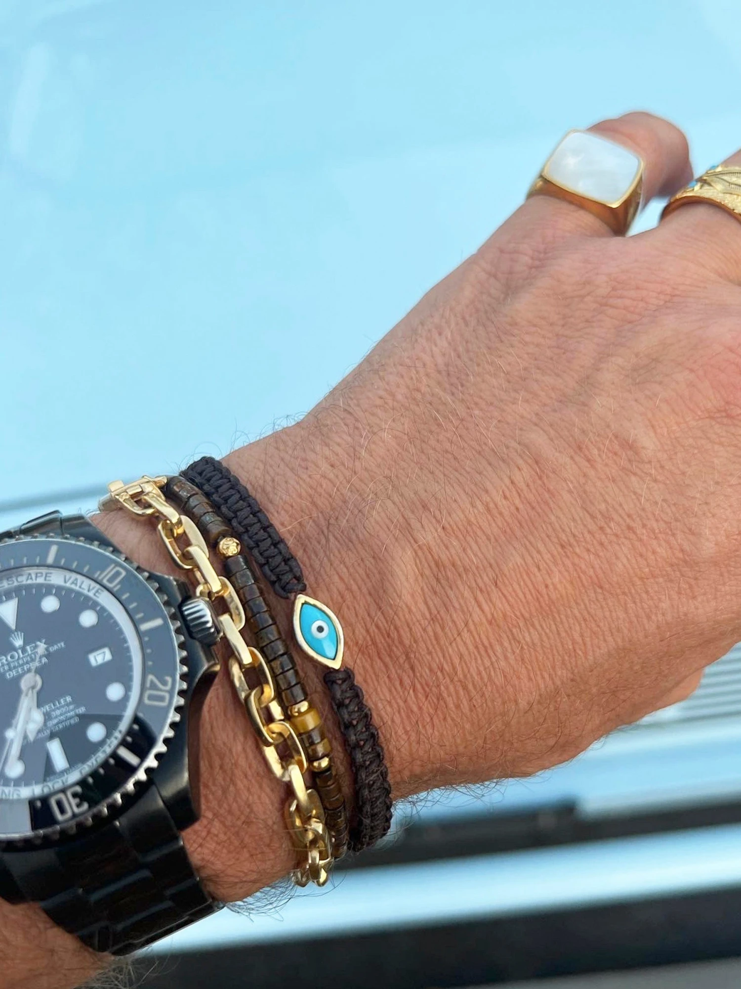 Nialaya Men's Black String Bracelet With Gold Evil Eye 6 Nialaya Men's Black String Bracelet With Gold Evil Eye - Image 6