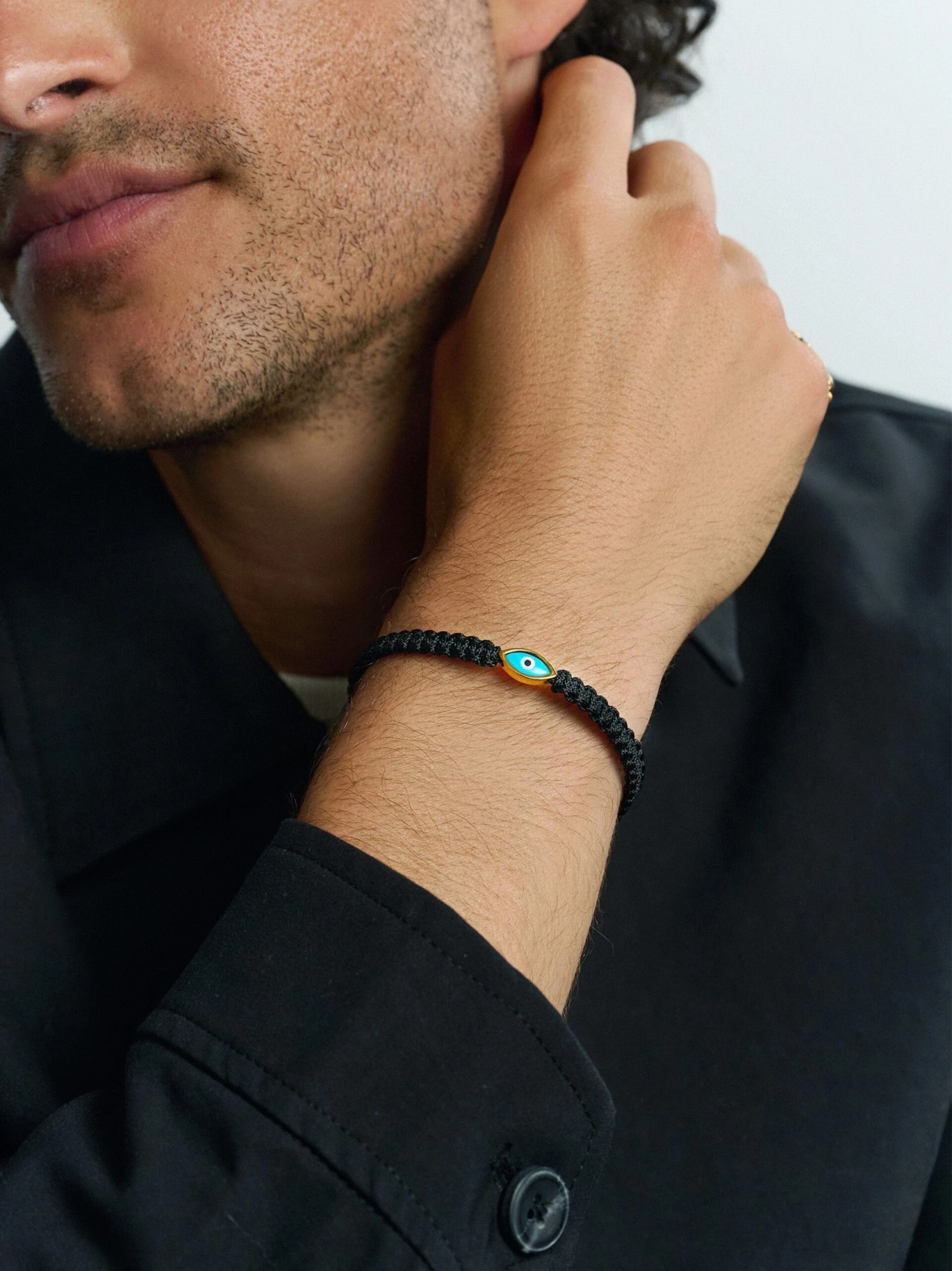 Nialaya Men's Black String Bracelet With Gold Evil Eye 2 Nialaya Men's Black String Bracelet With Gold Evil Eye - Image 2