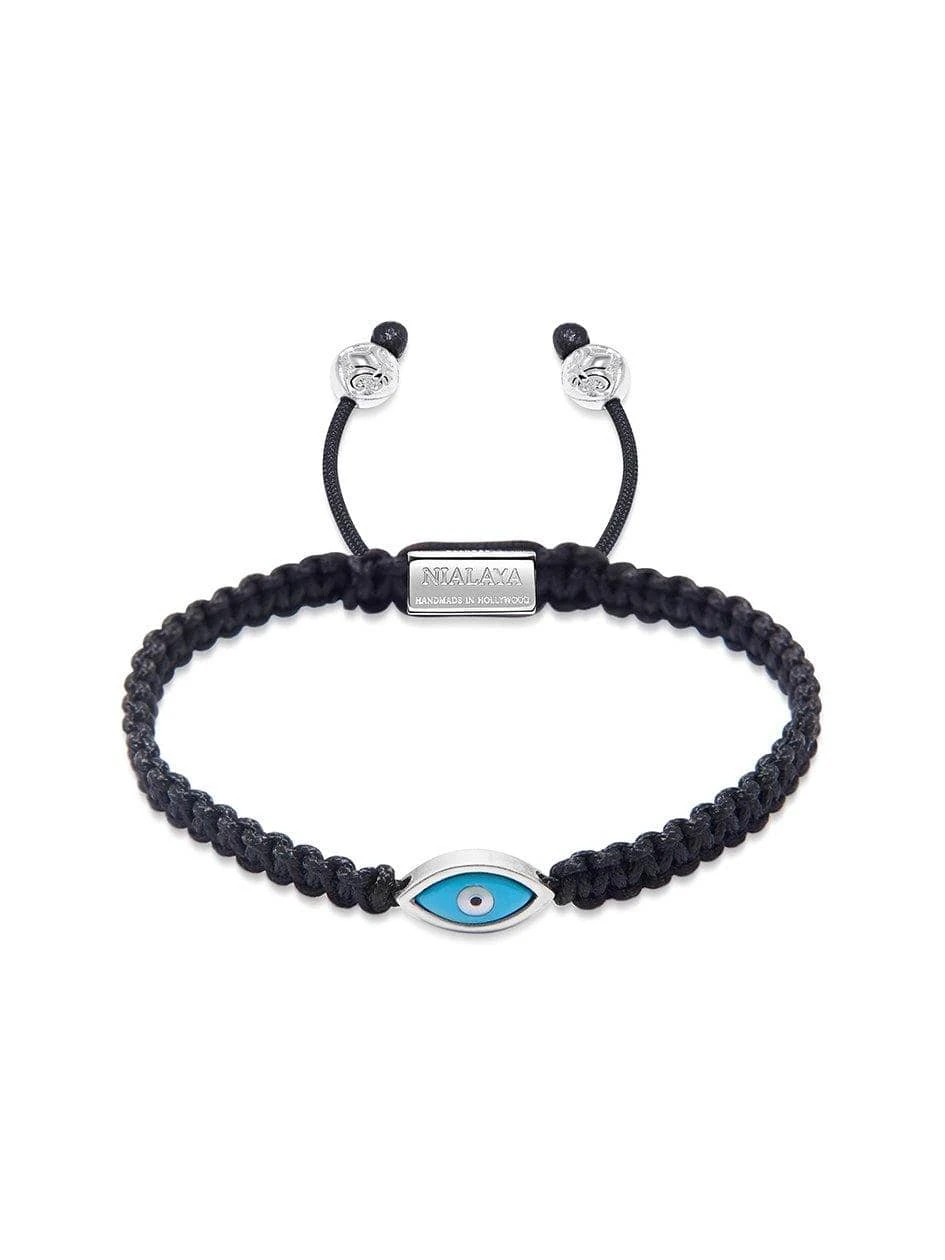 Nialaya Men's Black String Bracelet With Silver Evil Eye 1 Nialaya Men's Black String Bracelet With Silver Evil Eye