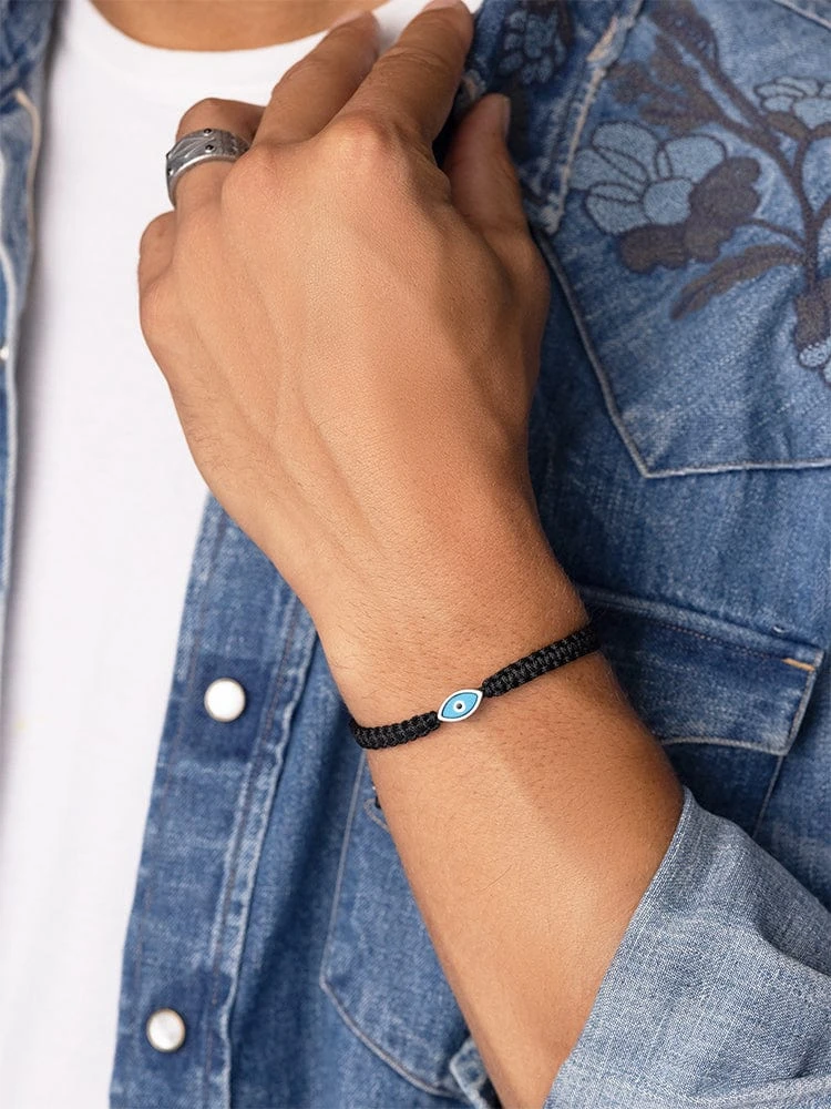 Nialaya Men's Black String Bracelet With Silver Evil Eye 6 Nialaya Men's Black String Bracelet With Silver Evil Eye - Image 6