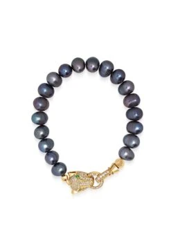 Nialaya Men's Black Pearl Bracelet With Gold Panther