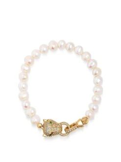 Nialaya Men's Pearl Bracelet With Gold Panther