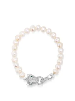Nialaya Men's Pearl Bracelet With Silver Panther