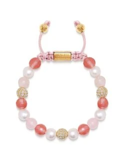 Nialaya Women's Beaded Bracelet With Pearl, Rose Quartz, Cherry Quartz And Gold