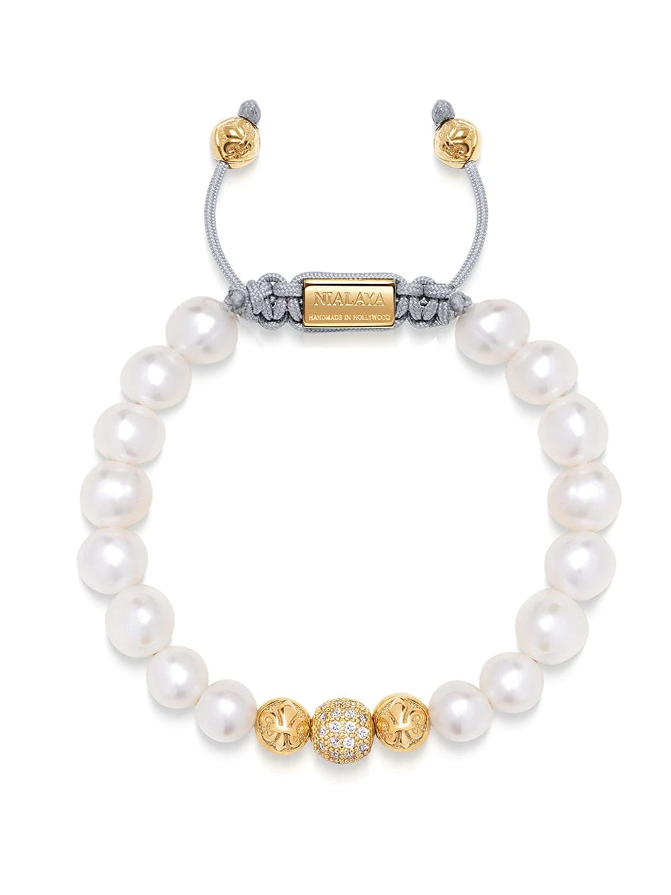 Nialaya Women's Beaded Bracelet With White Sea Pearl And Gold 1 Nialaya Women's Beaded Bracelet With White Sea Pearl And Gold