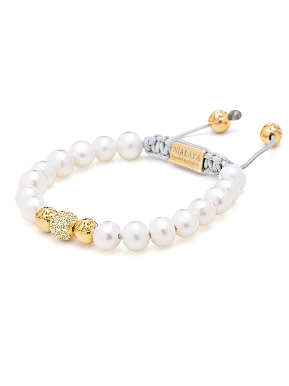 Nialaya Women's Beaded Bracelet With White Sea Pearl And Gold 3 Nialaya Women's Beaded Bracelet With White Sea Pearl And Gold - Image 3
