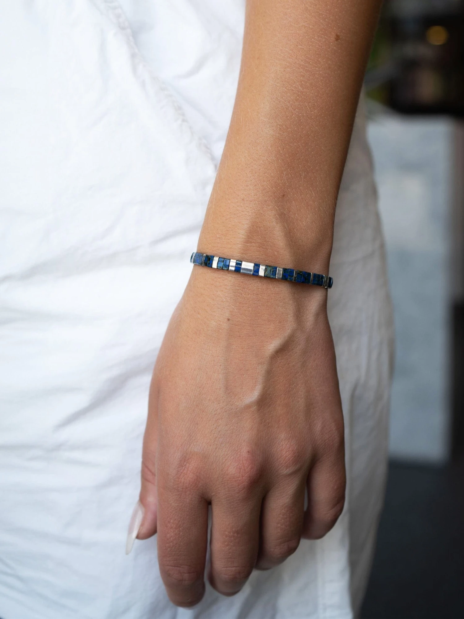 Nialaya Women's Bracelet With Marbled Blue And Silver Miyuki Tila Beads 2 Nialaya Women's Bracelet With Marbled Blue And Silver Miyuki Tila Beads - Image 2