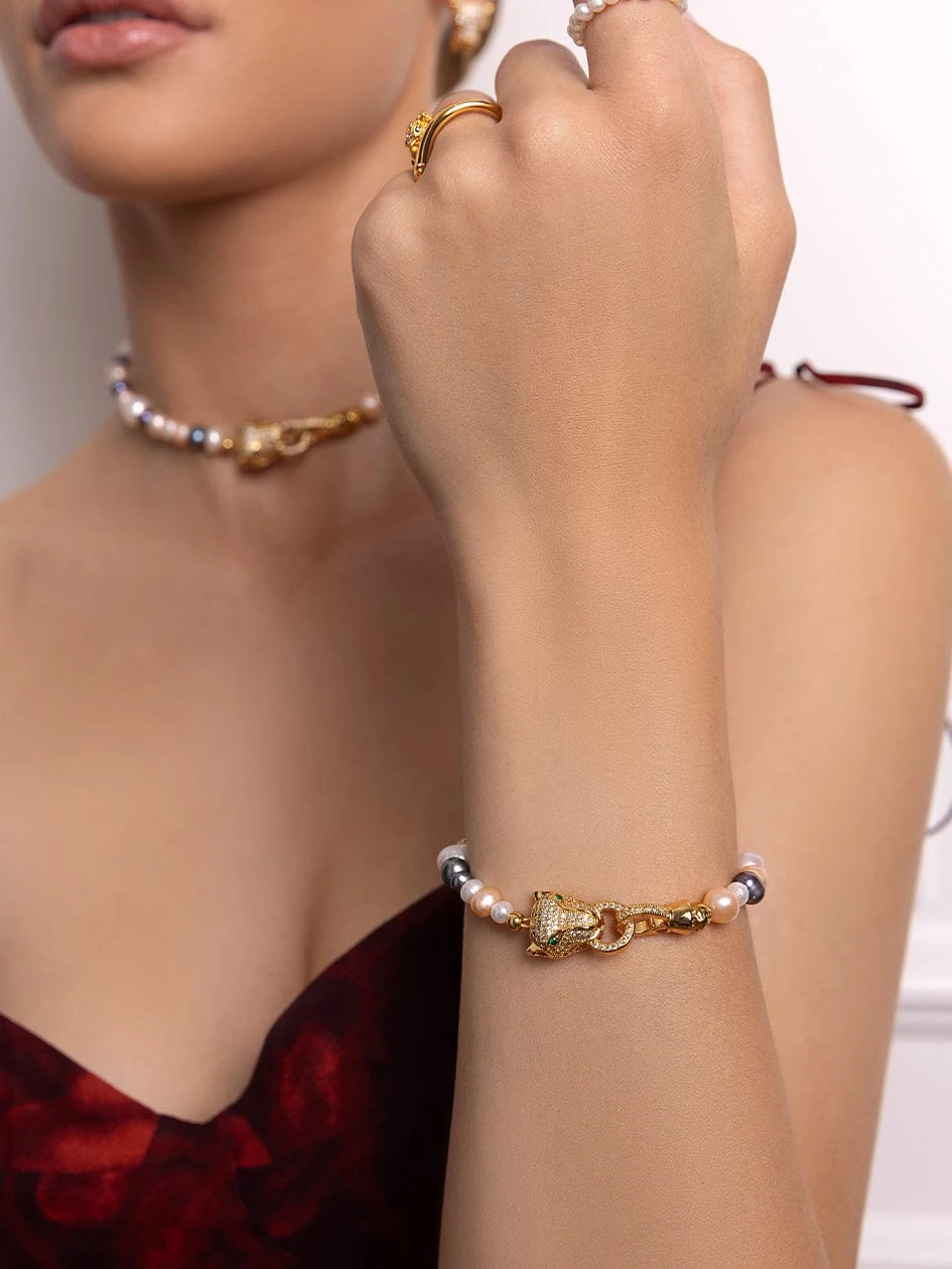 Nialaya Women's Multi-Colored Pearl Bracelet With Gold Panther Head 2 Nialaya Women's Multi-Colored Pearl Bracelet With Gold Panther Head - Image 2
