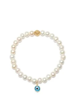 Nialaya Wristband With White Pearls And Blue Evil Eye Charm