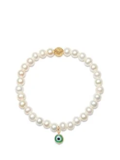 Nialaya Wristband With White Pearls And Green Evil Eye Charm