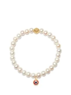 Nialaya Wristband With White Pearls And Red Evil Eye Charm