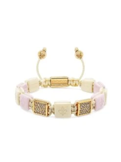 Nialaya Women's Cream & Soft Pink Ceramic Flatbead Bracelet With Gold CZ