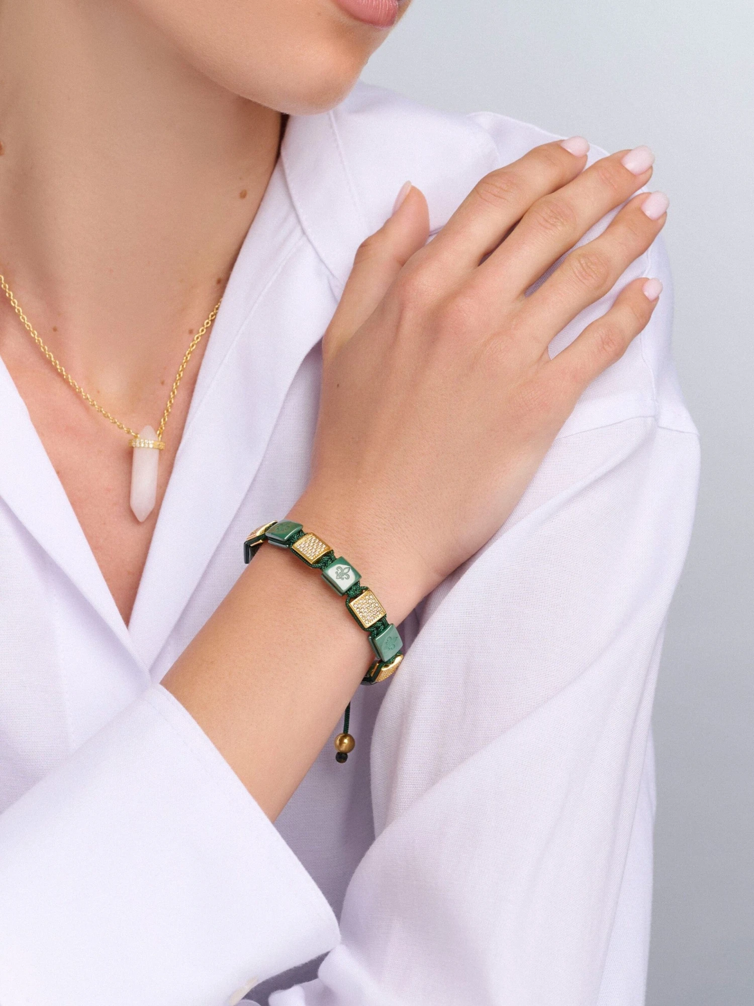 Nialaya Women's Dark Green Ceramic Flatbead Bracelet With Gold CZ 2 Nialaya Women's Dark Green Ceramic Flatbead Bracelet With Gold CZ - Image 2