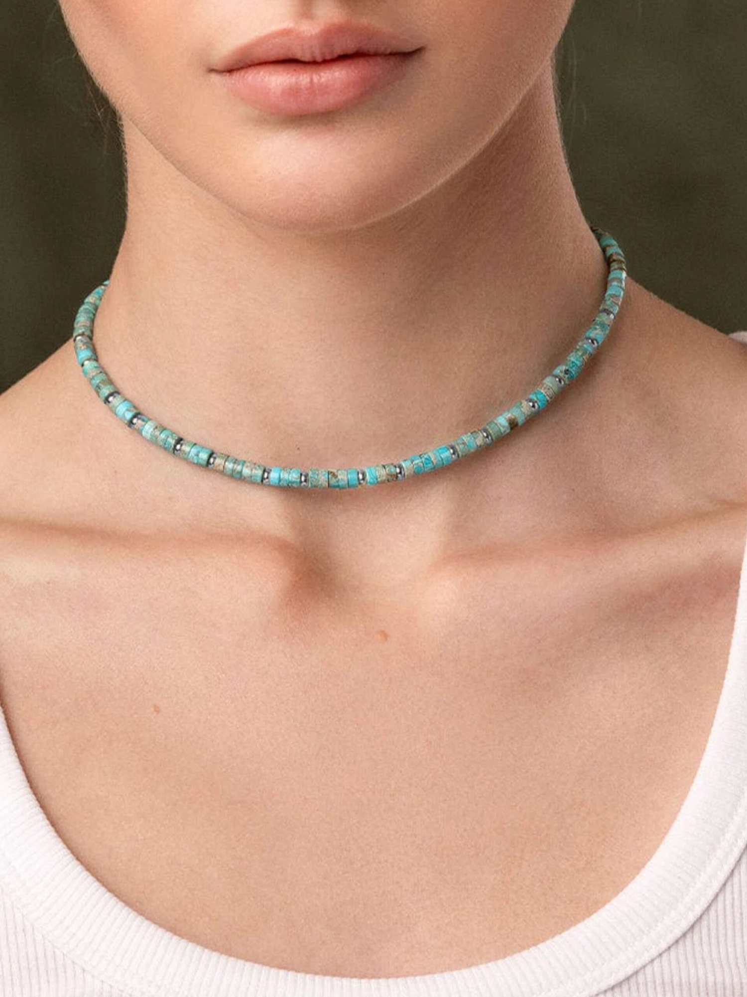 Nialaya Heishi Turquoise Choker With Silver 4 Nialaya Heishi Turquoise Choker With Silver - Image 4