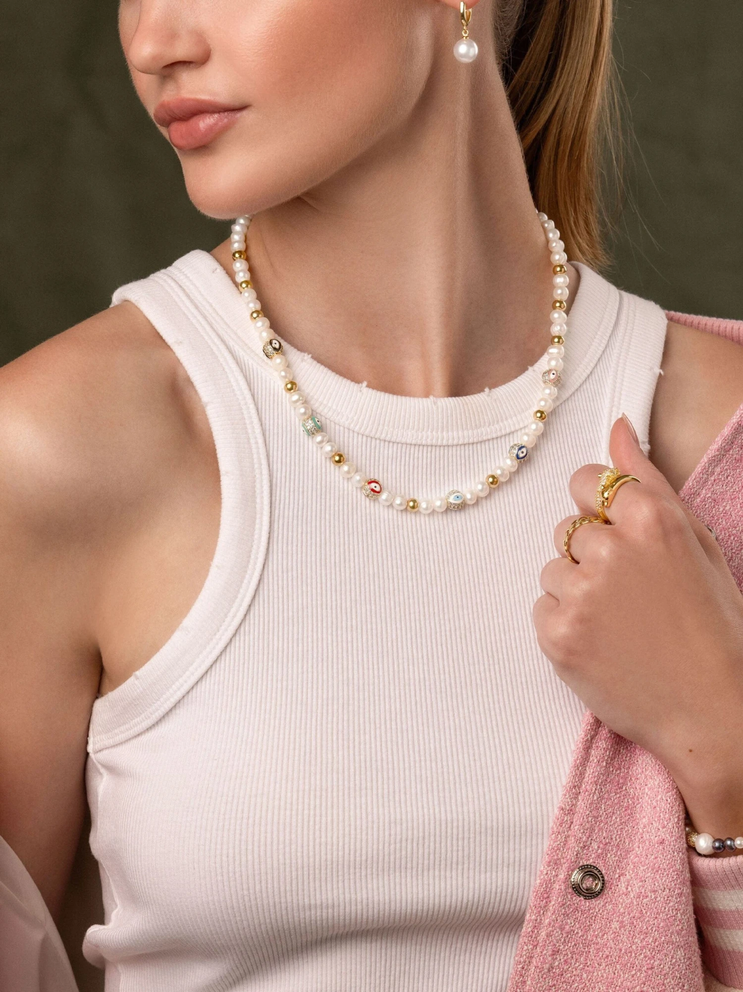 Nialaya Women's Evil Eye Pearl Necklace 2 Nialaya Women's Evil Eye Pearl Necklace - Image 2