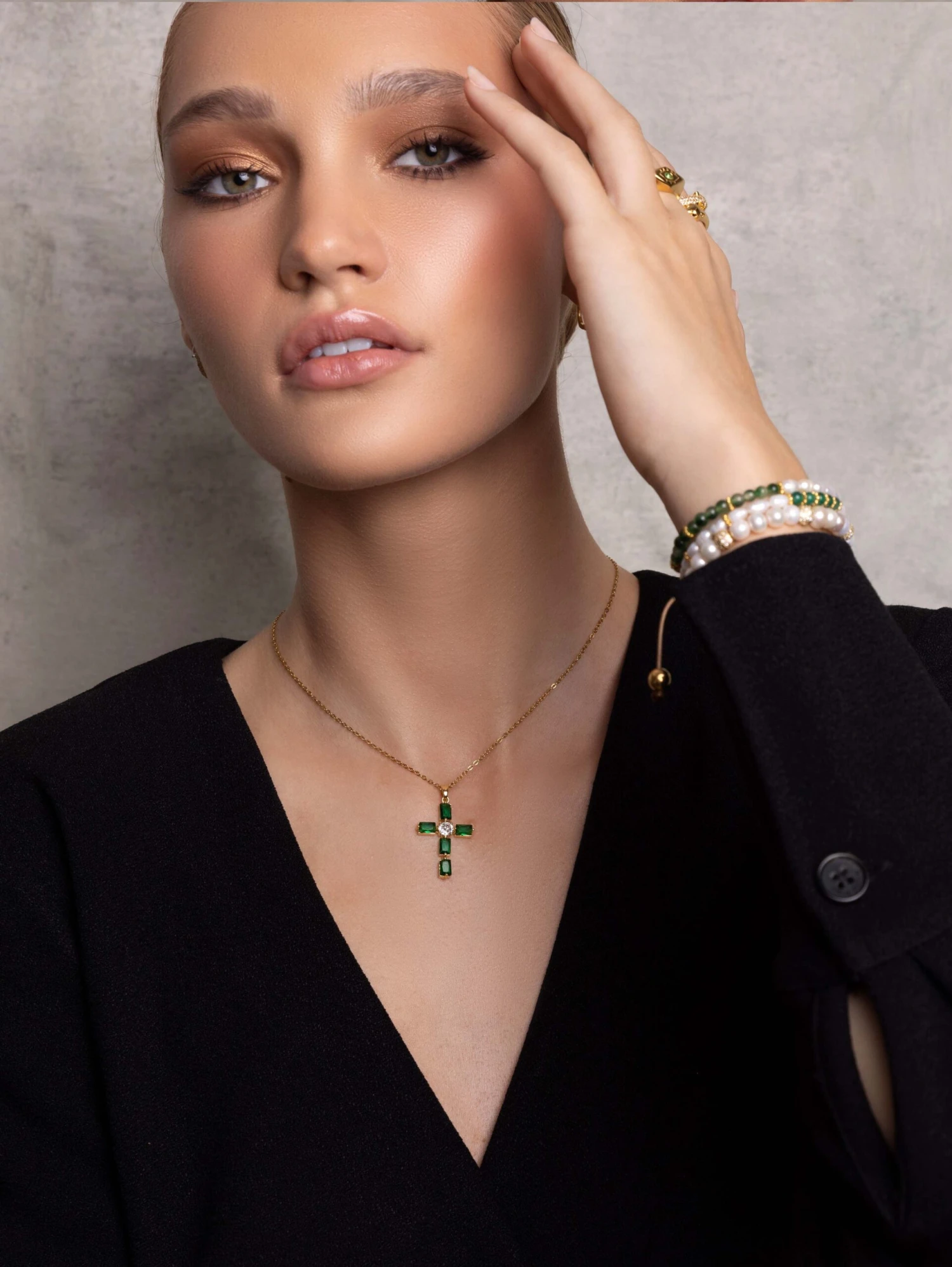 Nialaya Women's Green CZ Cross Necklace 3 Nialaya Women's Green CZ Cross Necklace - Image 3