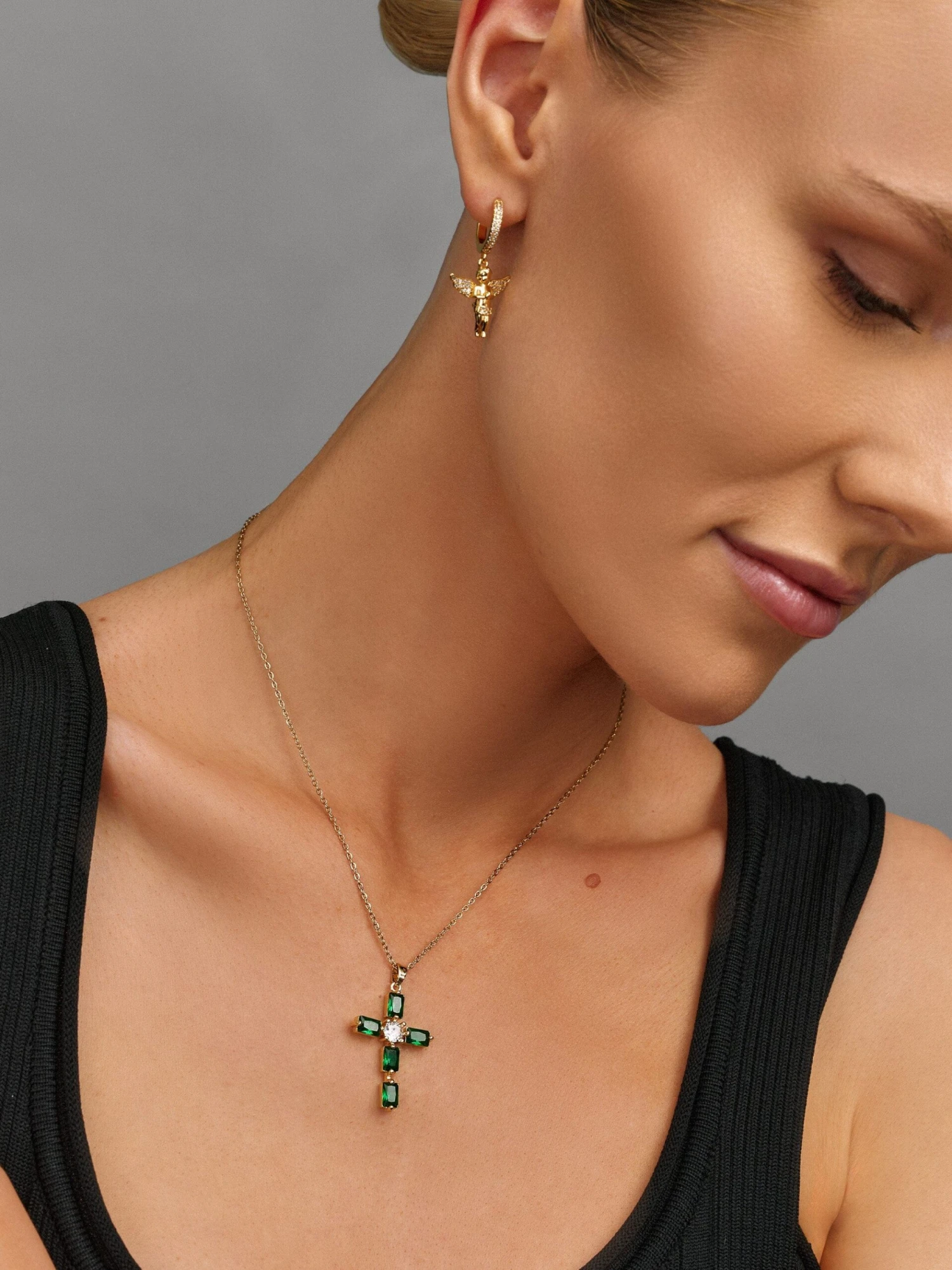 Nialaya Women's Green CZ Cross Necklace 2 Nialaya Women's Green CZ Cross Necklace - Image 2
