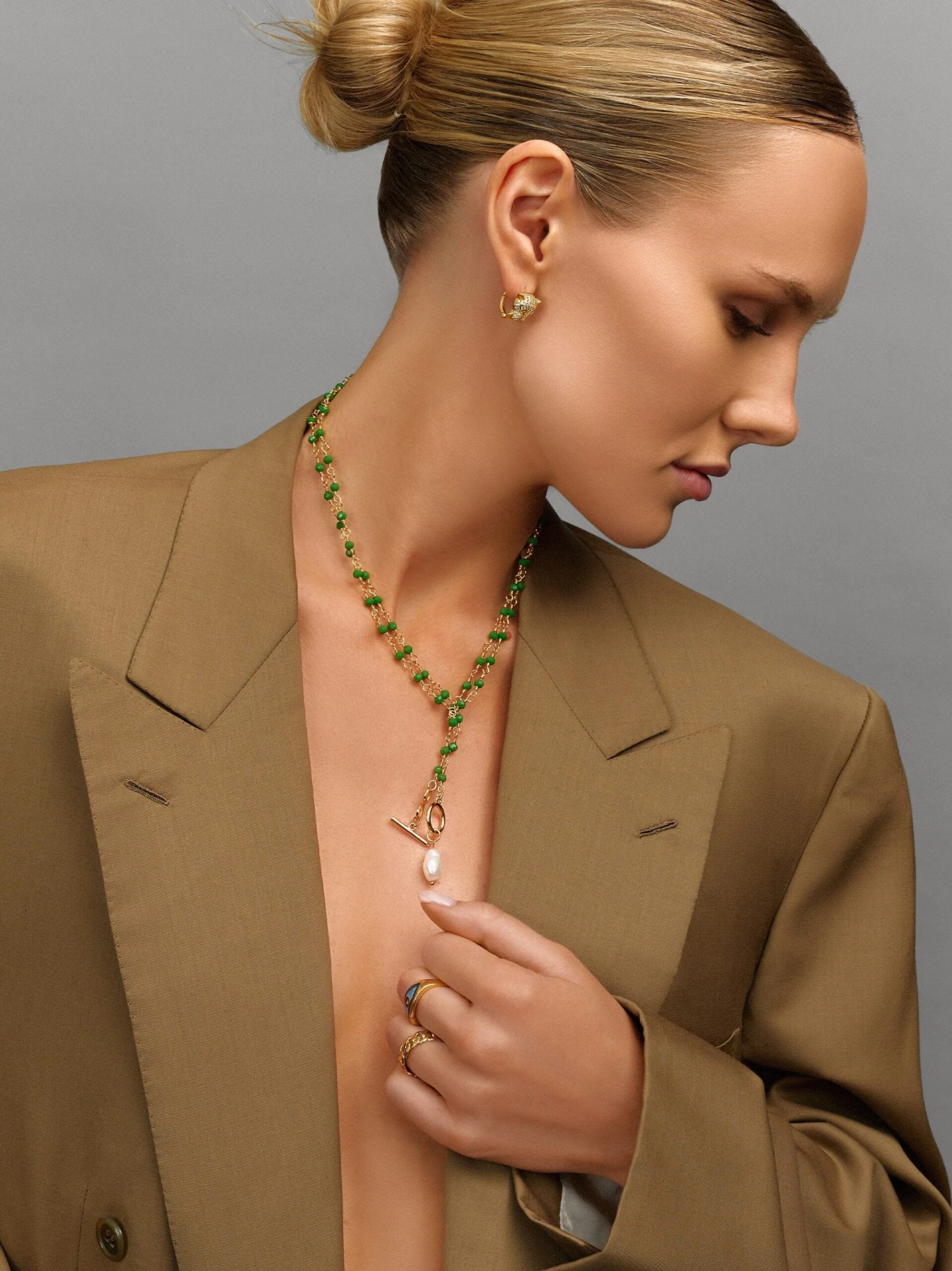 Nialaya Women's Green CZ Wrap Necklace With Pearl 2 Nialaya Women's Green CZ Wrap Necklace With Pearl - Image 2