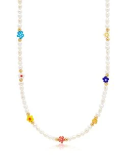 Nialaya Women's Pearl Choker With Flower Beads