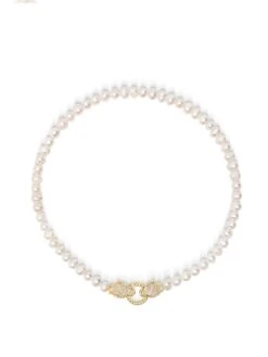 Nialaya Women's Pearl Choker With Gold Double Panther Head