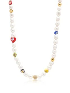 Nialaya Women's Smiley Face Pearl Necklace With Assorted Beads